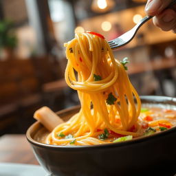 A vibrant, close-up shot of a delicious bowl of steaming noodles, garnished with fresh herbs and colorful vegetables