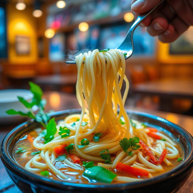 A vibrant, close-up shot of a delicious bowl of steaming noodles, garnished with fresh herbs and colorful vegetables