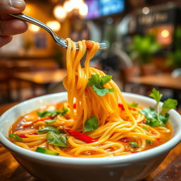 A vibrant, close-up shot of a delicious bowl of steaming noodles, garnished with fresh herbs and colorful vegetables