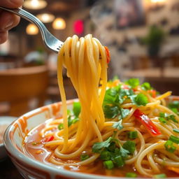 A vibrant, close-up shot of a delicious bowl of steaming noodles, garnished with fresh herbs and colorful vegetables