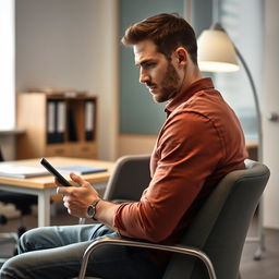 A man sitting on a chair in a room, focused on working with his mobile phone, captured from a side profile angle