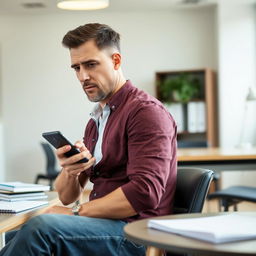 A man sitting on a chair in a room, focused on working with his mobile phone, captured from a side profile angle
