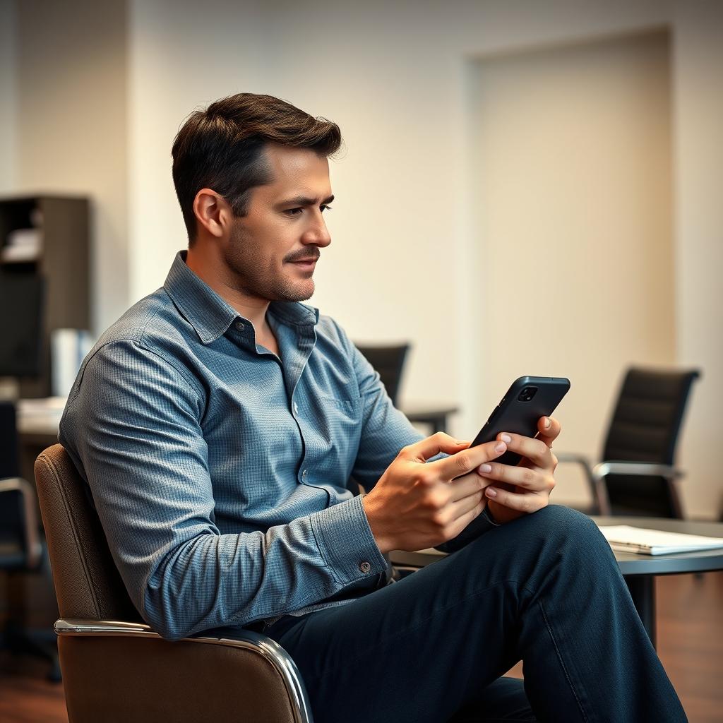 A man sitting on a chair in a room, focused on working with his mobile phone, captured from a side profile angle