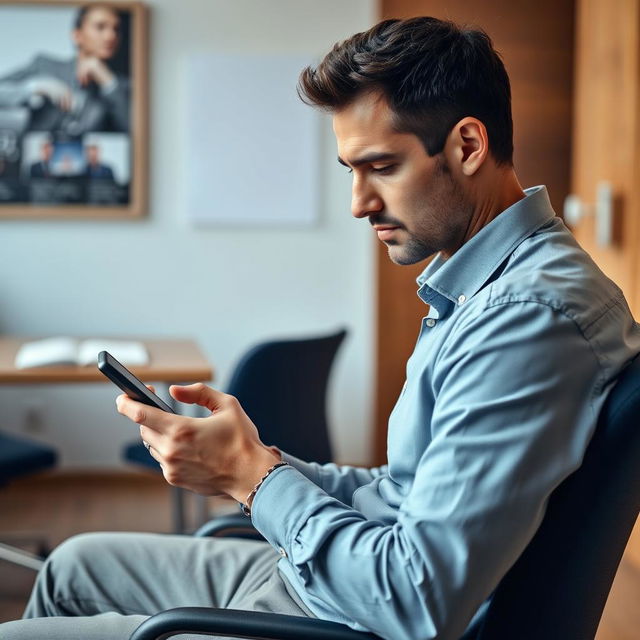 A man sitting on a chair in a room, focused on working with his mobile phone, captured from a side profile angle