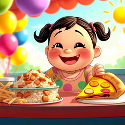 A whimsical Disney Pixar style cartoon featuring a cheerful chubby girl with a big smile, sitting at a colorful table filled with delicious food