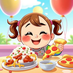 A whimsical Disney Pixar style cartoon featuring a cheerful chubby girl with a big smile, sitting at a colorful table filled with delicious food