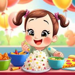 A whimsical Disney Pixar style cartoon featuring a cheerful chubby girl with a big smile, sitting at a colorful table filled with delicious food