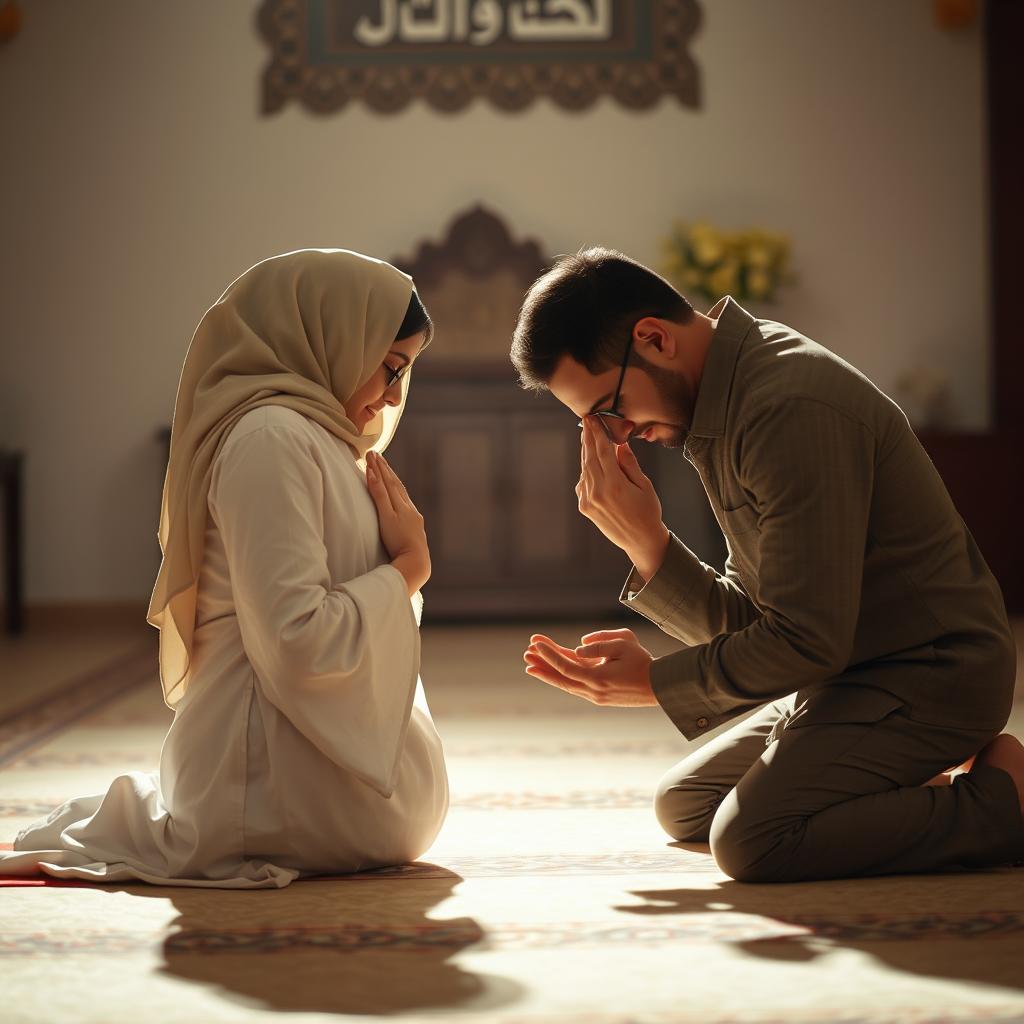 A woman praying in a deep, respectful position of prostration (sujud), her feet clearly visible behind her