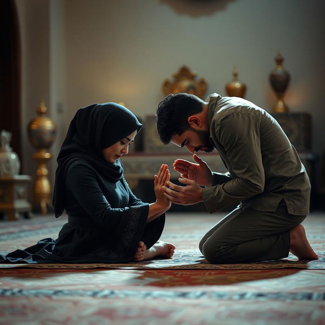 A woman praying in a deep, respectful position of prostration (sujud), her feet clearly visible behind her