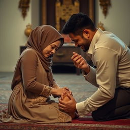 A woman praying in a deep, respectful position of prostration (sujud), her feet clearly visible behind her