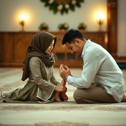 A woman praying in a deep, respectful position of prostration (sujud), her feet clearly visible behind her