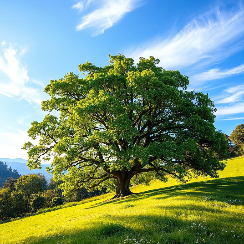 A serene scene featuring a large, majestic tree on the side of a picturesque landscape