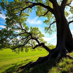 A serene scene featuring a large, majestic tree on the side of a picturesque landscape