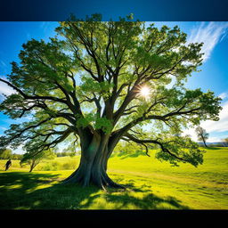 A serene scene featuring a large, majestic tree on the side of a picturesque landscape