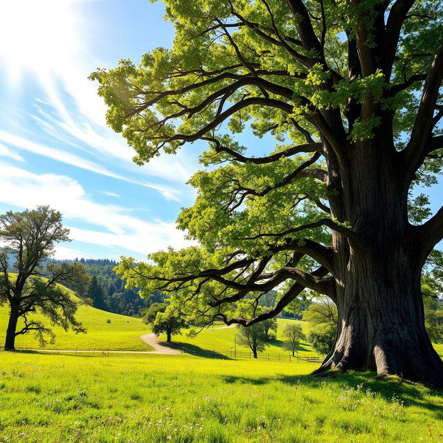 A serene scene featuring a large, majestic tree on the side of a picturesque landscape