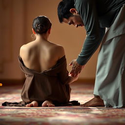 A woman in a prayer position, deeply engaged in her worship, with her back towards the viewer, and her bare feet visible