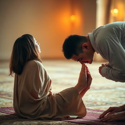 A woman in a prayer position, deeply engaged in her worship, with her back towards the viewer, and her bare feet visible