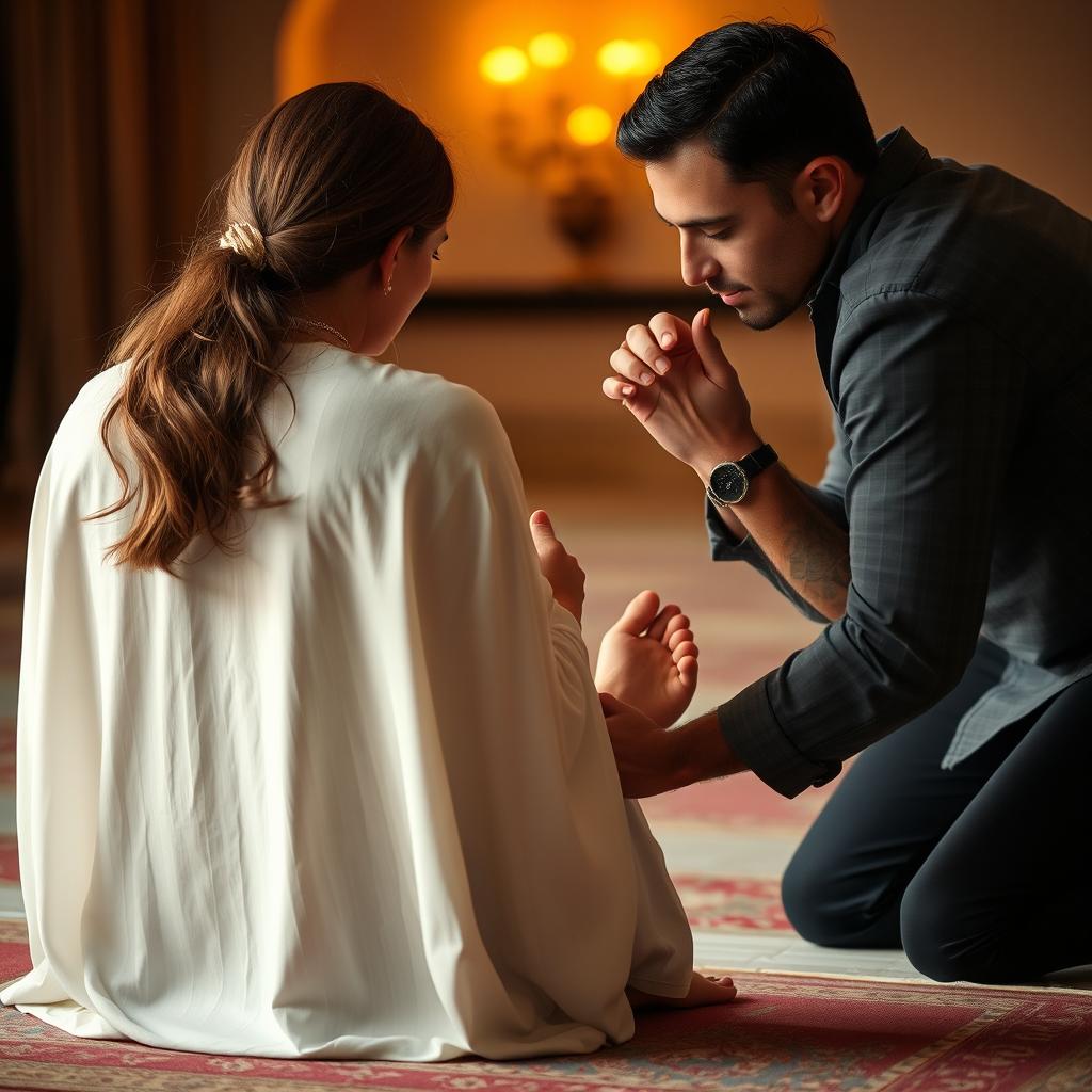 A woman in a prayer position, deeply engaged in her worship, with her back towards the viewer, and her bare feet visible