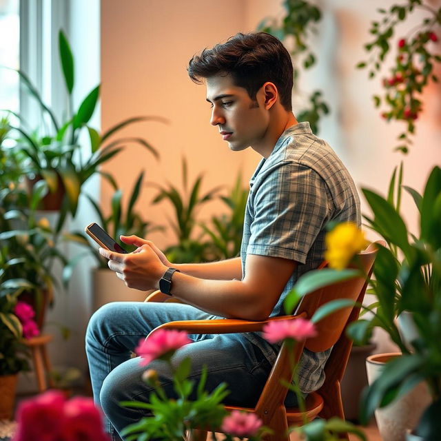 A young man sitting on a chair in a room, focused on working with his mobile phone and conducting a lesson