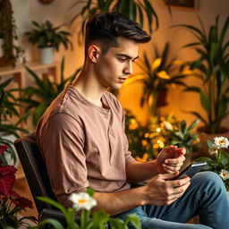 A young man sitting on a chair in a room, focused on working with his mobile phone and conducting a lesson