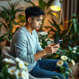 A young man sitting on a chair in a room, focused on working with his mobile phone and conducting a lesson