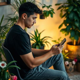 A young man sitting on a chair in a room, focused on working with his mobile phone and conducting a lesson