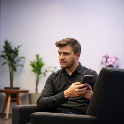 A man sitting on a chair in a room, focused on working with his mobile phone and teaching