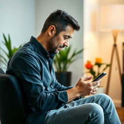 A man sitting on a chair in a room, focused on working with his mobile phone and teaching