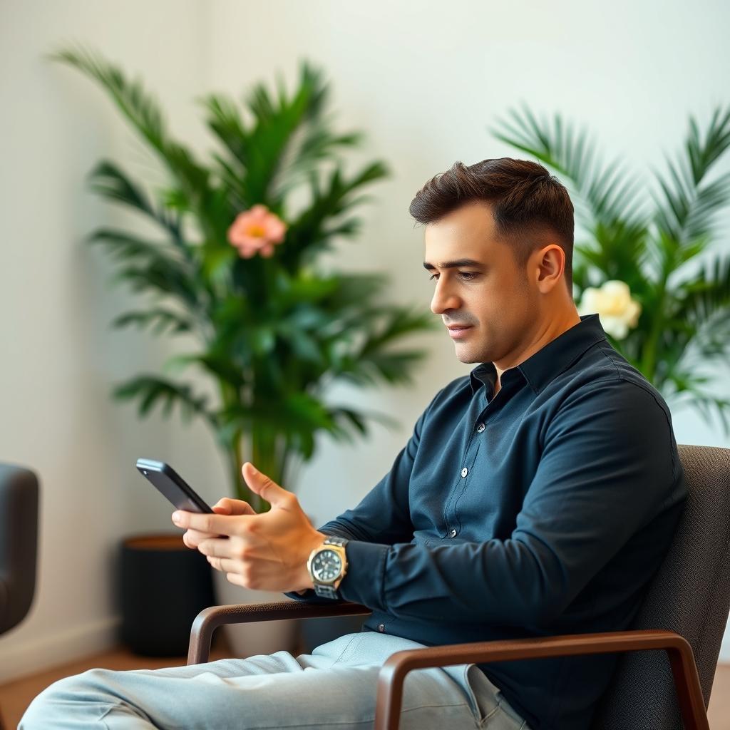 A man sitting on a chair in a room, focused on working with his mobile phone and teaching