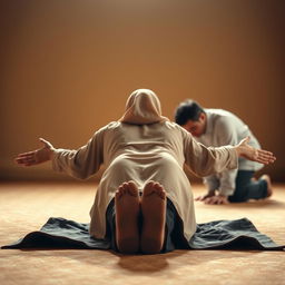 A serene scene depicting a Muslim woman in traditional prayer attire, prostrating peacefully on a softly blanket