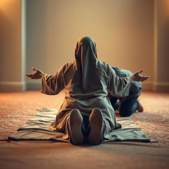 A serene scene depicting a Muslim woman in traditional prayer attire, prostrating peacefully on a softly blanket