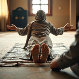 A serene scene depicting a Muslim woman in traditional prayer attire, prostrating peacefully on a softly blanket