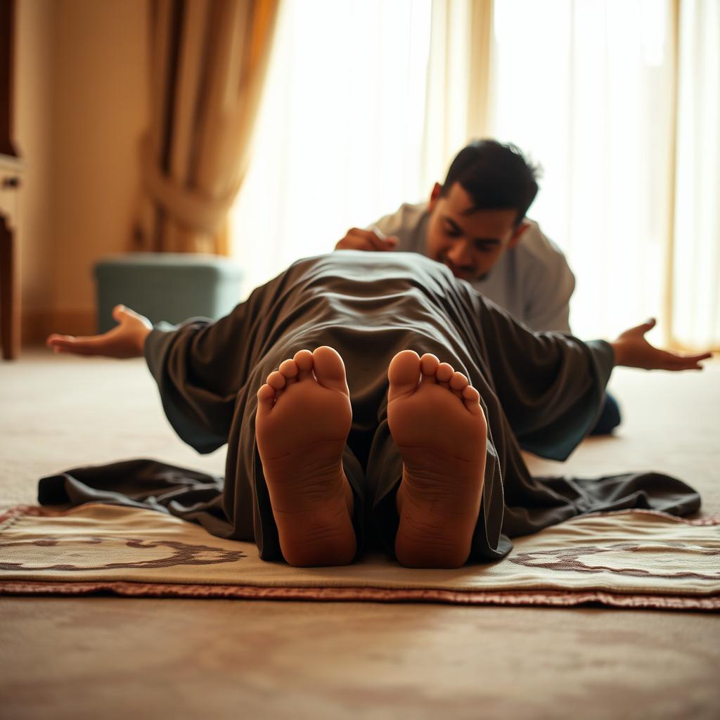 A serene scene depicting a Muslim woman in traditional prayer attire, prostrating peacefully on a softly blanket