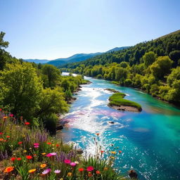 A vibrant and colorful river flowing through a lush green landscape