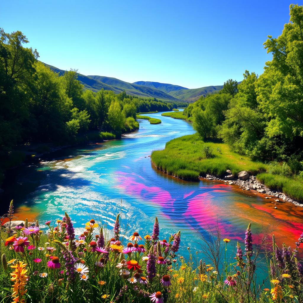 A vibrant and colorful river flowing through a lush green landscape