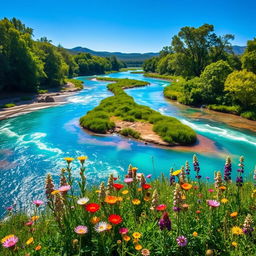 A vibrant and colorful river flowing through a lush green landscape