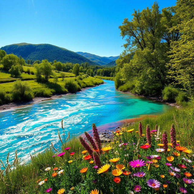 A vibrant and colorful river flowing through a lush green landscape