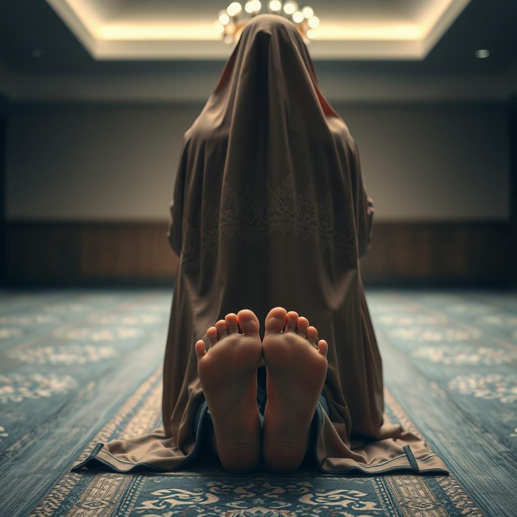 A serene indoor setting where a Muslim woman is engaged in prayer, performing sujud, showcasing her humility and devotion