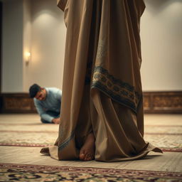 A serene indoor setting where a Muslim woman is engaged in prayer, performing sujud, showcasing her humility and devotion