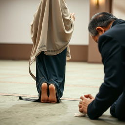 A serene indoor setting where a Muslim woman is engaged in prayer, performing sujud, showcasing her humility and devotion