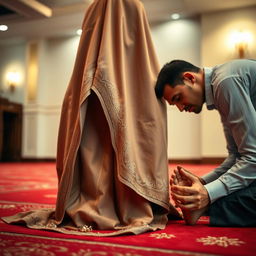 A serene indoor setting where a Muslim woman is engaged in prayer, performing sujud, showcasing her humility and devotion