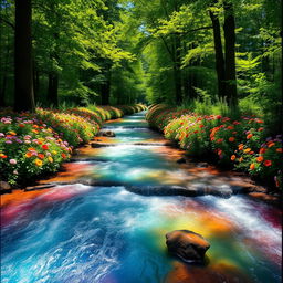 A vibrant and colorful stream flowing through a lush green forest, with shades of blue, violet, and green water reflecting the sunlight