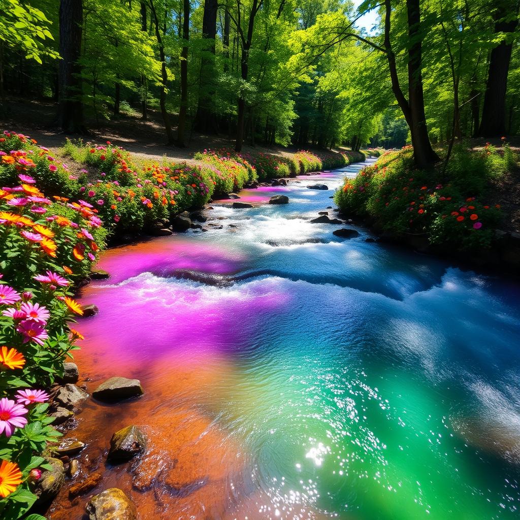 A vibrant and colorful stream flowing through a lush green forest, with shades of blue, violet, and green water reflecting the sunlight
