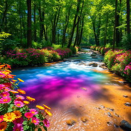 A vibrant and colorful stream flowing through a lush green forest, with shades of blue, violet, and green water reflecting the sunlight