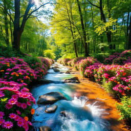 A vibrant and colorful stream flowing through a lush green forest, with shades of blue, violet, and green water reflecting the sunlight