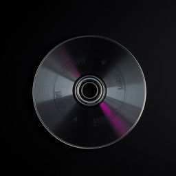 A dark silver DVD resting against a sleek, black background, showcasing a modern and cool aesthetic design