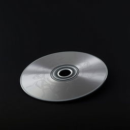 A dark silver DVD resting against a sleek, black background, showcasing a modern and cool aesthetic design