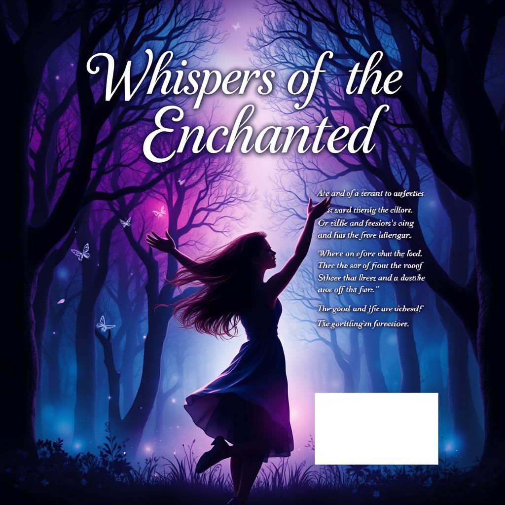 A visually striking book cover design featuring a mystical forest scene at twilight, with vibrant shades of purple and blue, ethereal glowing lights amidst ancient trees