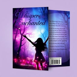 A visually striking book cover design featuring a mystical forest scene at twilight, with vibrant shades of purple and blue, ethereal glowing lights amidst ancient trees