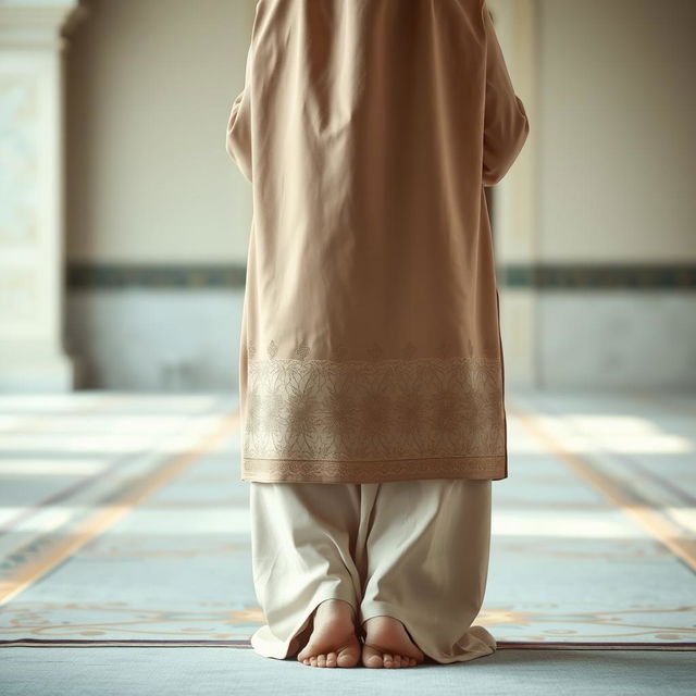 A Muslim woman in a peaceful prayer pose known as sujud, depicted from a back view